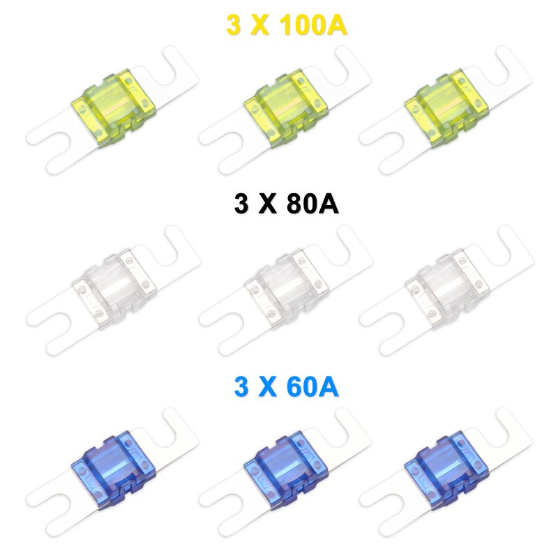 Recoil MFH13 3-Way Mini-ANL Fused Distribution Block, 3 X 0/2/4 Gauge in / 3 X 4/8 Gauge Out Fused Distribution Block with 60A, 80A, 100A Fuses, Solid Brass for Maximum Power Transfer - Image 5