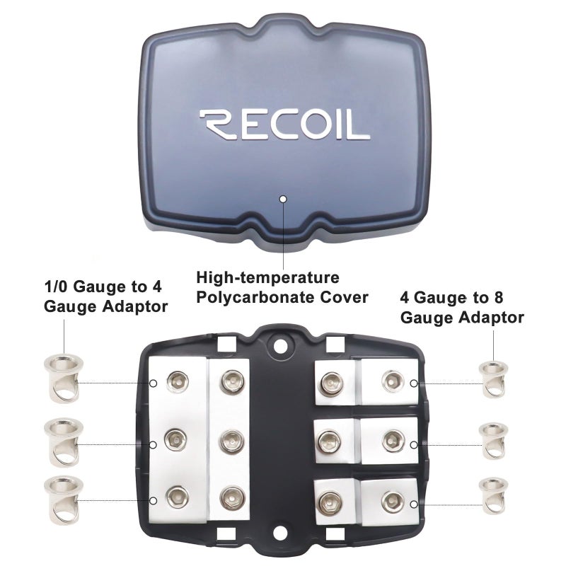 Recoil MFH13 3-Way Mini-ANL Fused Distribution Block, 3 X 0/2/4 Gauge in / 3 X 4/8 Gauge Out Fused Distribution Block with 60A, 80A, 100A Fuses, Solid Brass for Maximum Power Transfer - Image 3