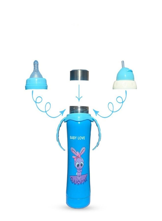 JOYFILLS 3 in 1 Baby Stainless Steel Multi-Functional Thermal Insulation Feeding Bottle| Sipper, Nipple & Straw| Water, Milk, Juices Feeder| Anti-Slip with Anti-Colic Nipple and Handles for Kids/Toddlers/Infants 240 Ml (Printed blue sipper) - Image 1