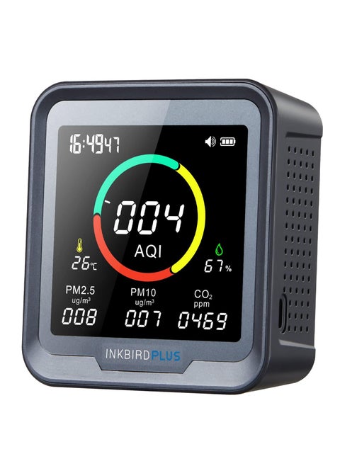 INKBIRDPLUS 6-in-1 Indoor Air Quality Monitor, Detects CO2, PM2.5, PM10, AQI, Temperature and Humidity with Alarm, for Rooms, Cellars, Grow Tents, Offices, etc. (PTH-9A)