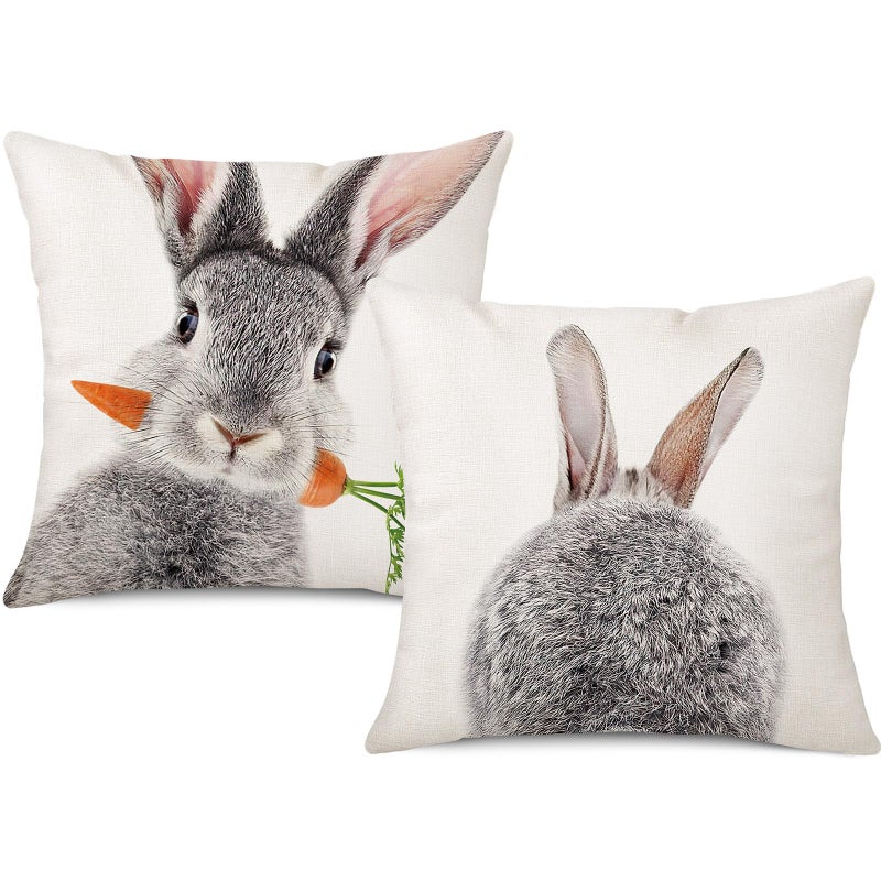 Coeufuedy Spring Easter Pillow Covers 18 x 18 Set of 2 Cute Rabbit Bunny Tail Linen Easter Decorative Cushion Case for Sofa Couch Living Room - Image 1