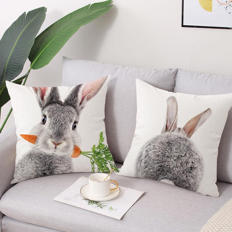 Coeufuedy Spring Easter Pillow Covers 18 x 18 Set of 2 Cute Rabbit Bunny Tail Linen Easter Decorative Cushion Case for Sofa Couch Living Room - Image 2