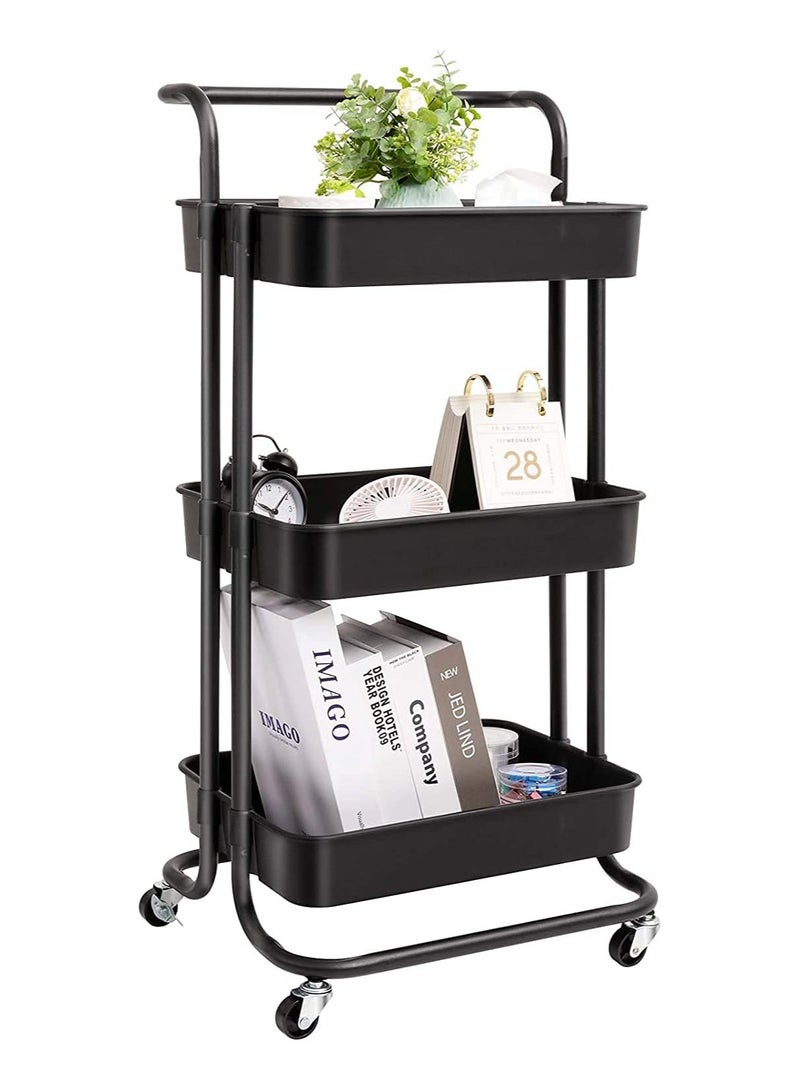 DubaiGallery 3-Tier Metal Rolling Utility Cart with Handle, Utility Organizer Cart-Multi-Functional Storage Trolley for Office, Living Room, Kitchen, Movable Storage Carts with Wheels - Image 1