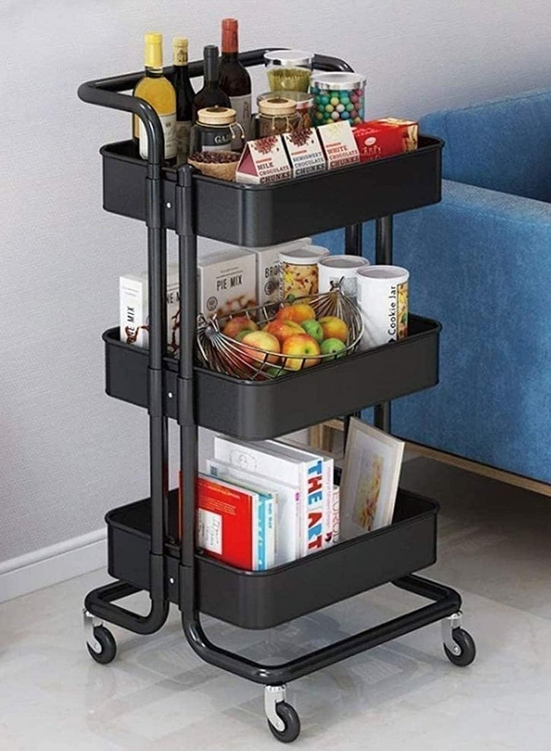 DubaiGallery 3-Tier Metal Rolling Utility Cart with Handle, Utility Organizer Cart-Multi-Functional Storage Trolley for Office, Living Room, Kitchen, Movable Storage Carts with Wheels - Image 2