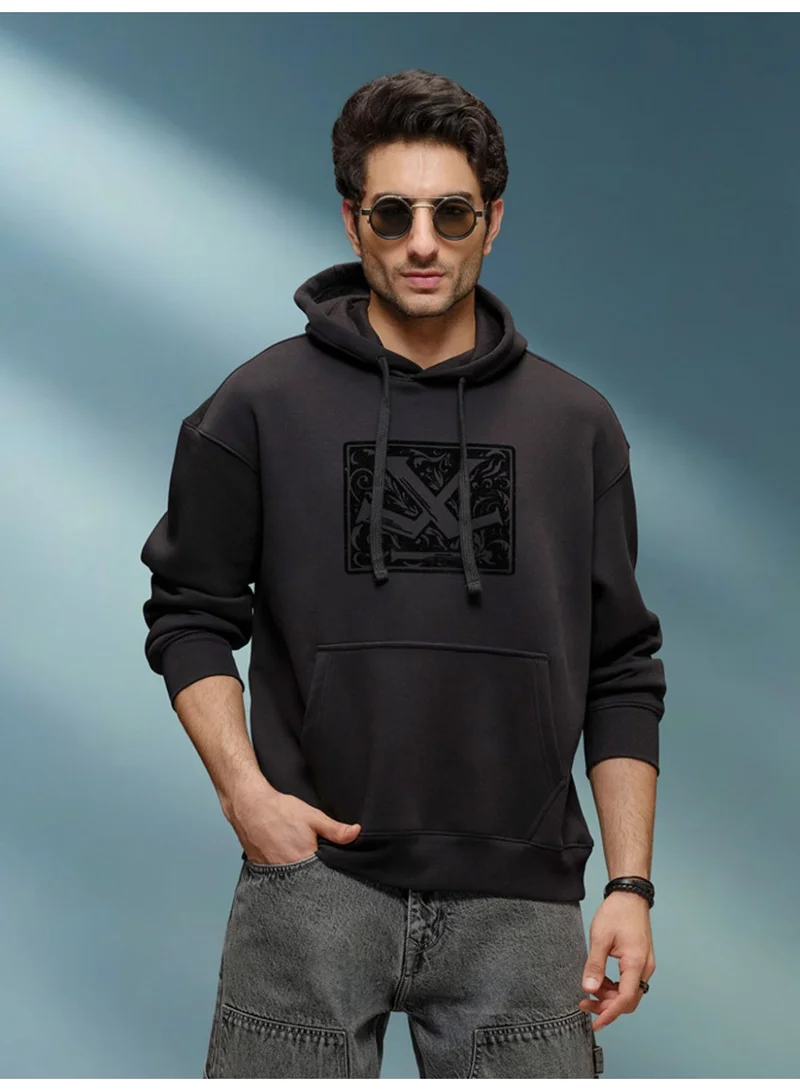 Wrogn Adorned Logo In Velvet Flock Print On Oversized Hoodie Pullover | Black