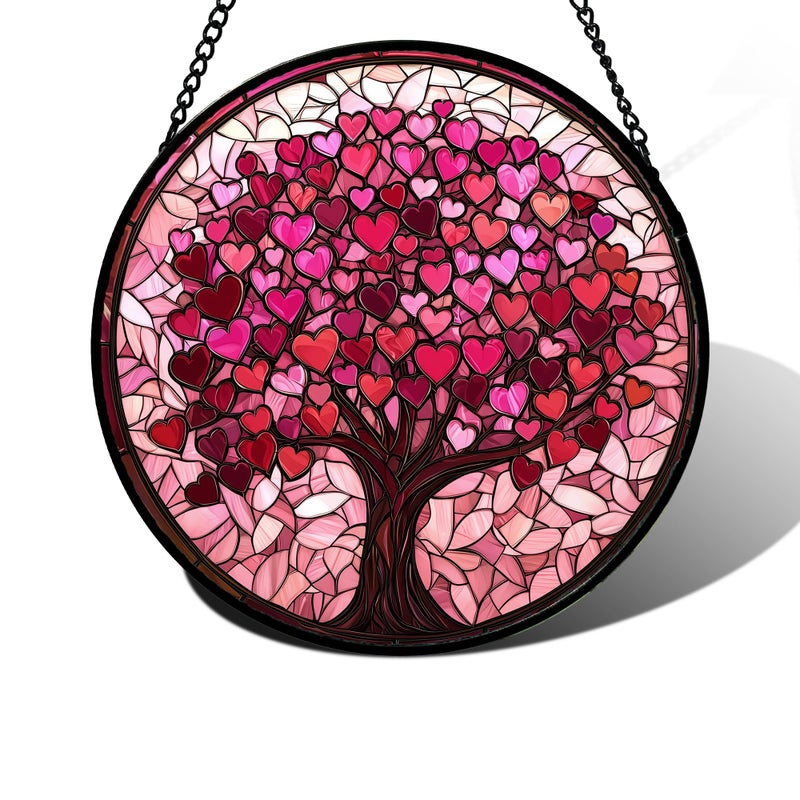 DASTOLL Stained Glass Window Hanging Birthday Gifts for Women Mom Grandma Nana Wife Couple Pink Love Tree Suncatcher for Doors Window Home Sun Catchers Gifts Decor 78 in - Image 2