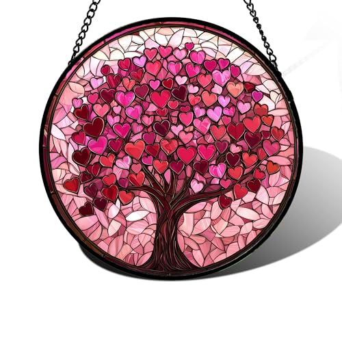 DASTOLL Stained Glass Window Hanging Birthday Gifts for Women Mom Grandma Nana Wife Couple Pink Love Tree Suncatcher for Doors Window Home Sun Catchers Gifts Decor 78 in - Image 1