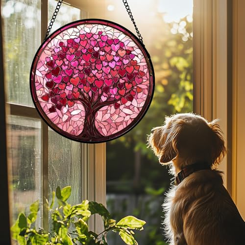 DASTOLL Stained Glass Window Hanging Birthday Gifts for Women Mom Grandma Nana Wife Couple Pink Love Tree Suncatcher for Doors Window Home Sun Catchers Gifts Decor 78 in - Image 3