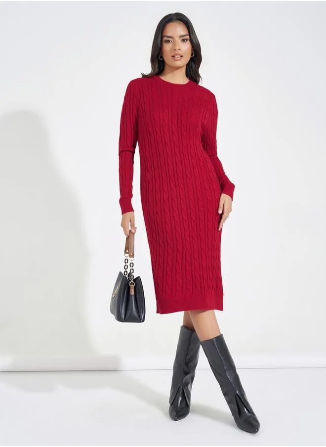 Styli Cable Knit Sweater Knee Length Dress