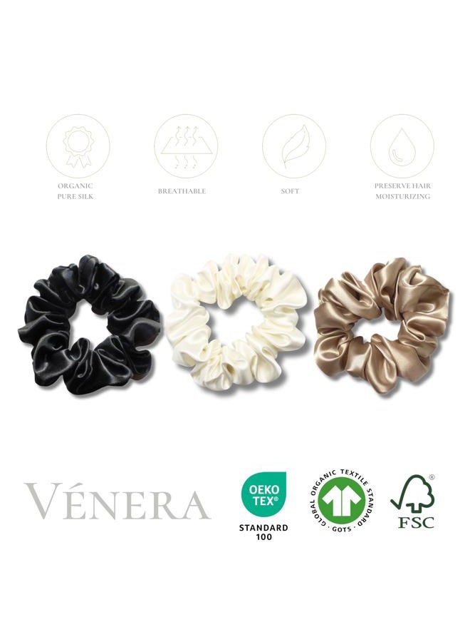 Vénera 100% Pure 22 Momme Mulberry Silk Scrunchies -Frizz&Breakage Prevention-Hair Care Ponytail Holders for Women- Silk Hair Ties (Black, White, Caramel) - Image 2