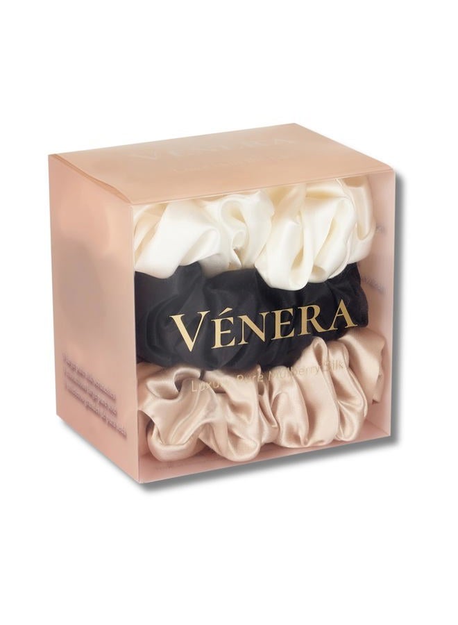 Vénera 100% Pure 22 Momme Mulberry Silk Scrunchies -Frizz&Breakage Prevention-Hair Care Ponytail Holders for Women- Silk Hair Ties (Black, White, Caramel) - Image 1