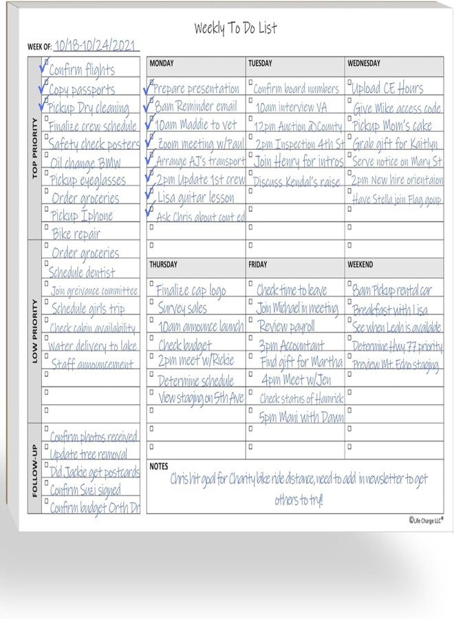 Life Charge Weekly To Do List Notepad, 60 Page Task Planning Pad w/Daily Checklist, Priority Todo Checkbox & Notes. Desk Notebook to Organize Office 11 X 8.5 - Image 1