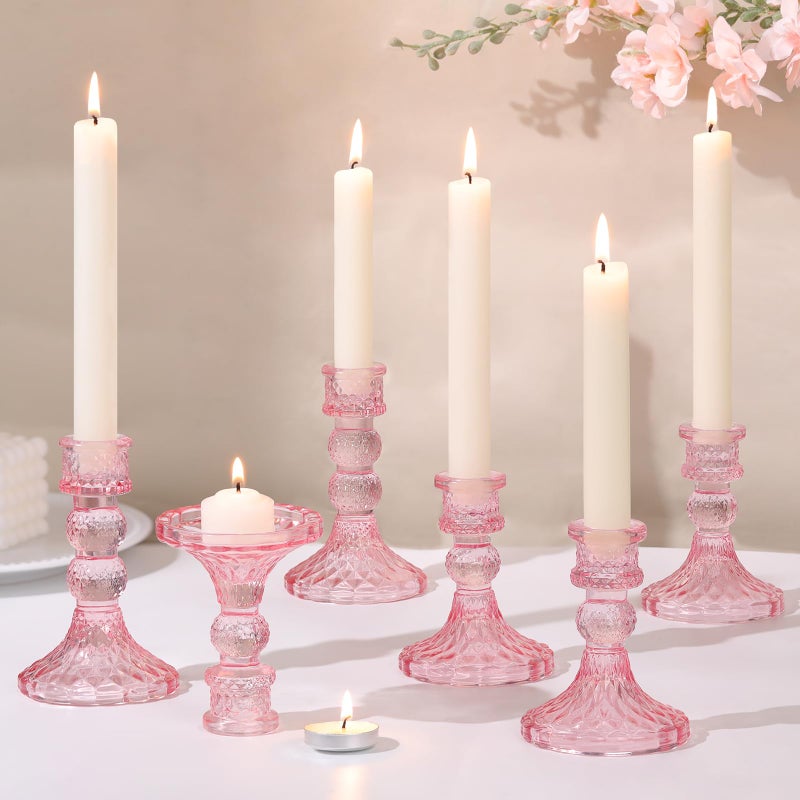DARJEN Pink Glass Candlestick Holders Set of 6, 4" H & 5" H Taper Candle Holders for Candlesticks & Pillar Candles, Diamond Candle Holders for Wedding Party Table Centerpiece, Home Decor - Image 1