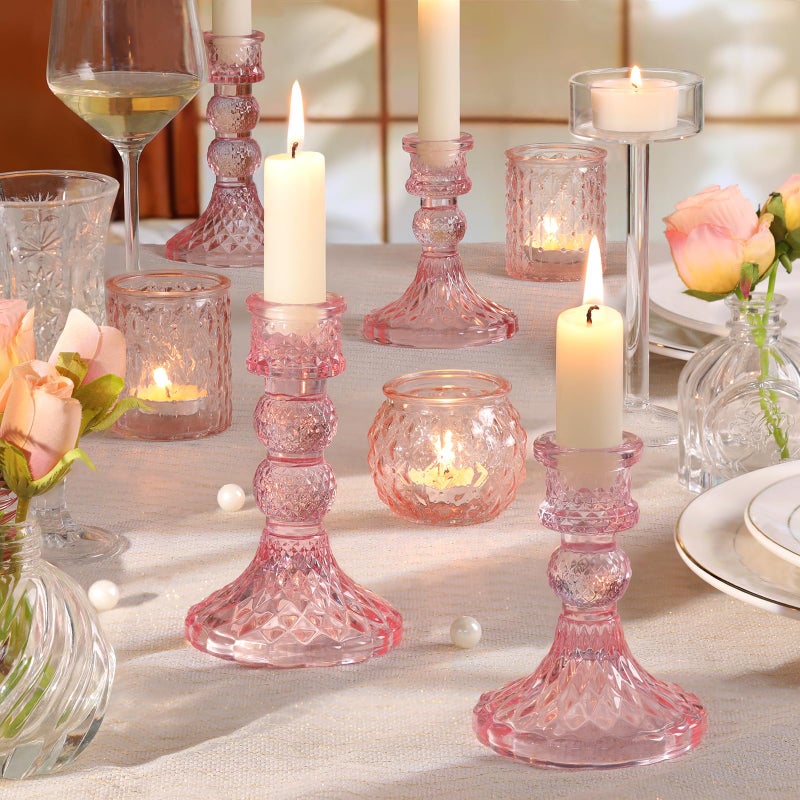 DARJEN Pink Glass Candlestick Holders Set of 6, 4" H & 5" H Taper Candle Holders for Candlesticks & Pillar Candles, Diamond Candle Holders for Wedding Party Table Centerpiece, Home Decor - Image 2