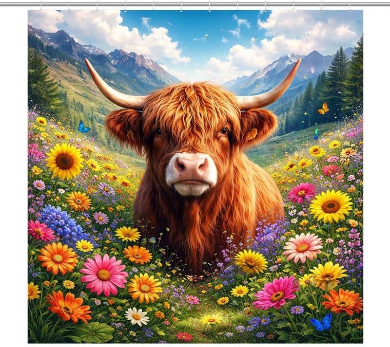 Highland Cow in a Flower Field with mountainsShower Curtain for Bathroom Waterproof Tan Shower Curtain with Hooks 71 inch x 71 inch - Image 1