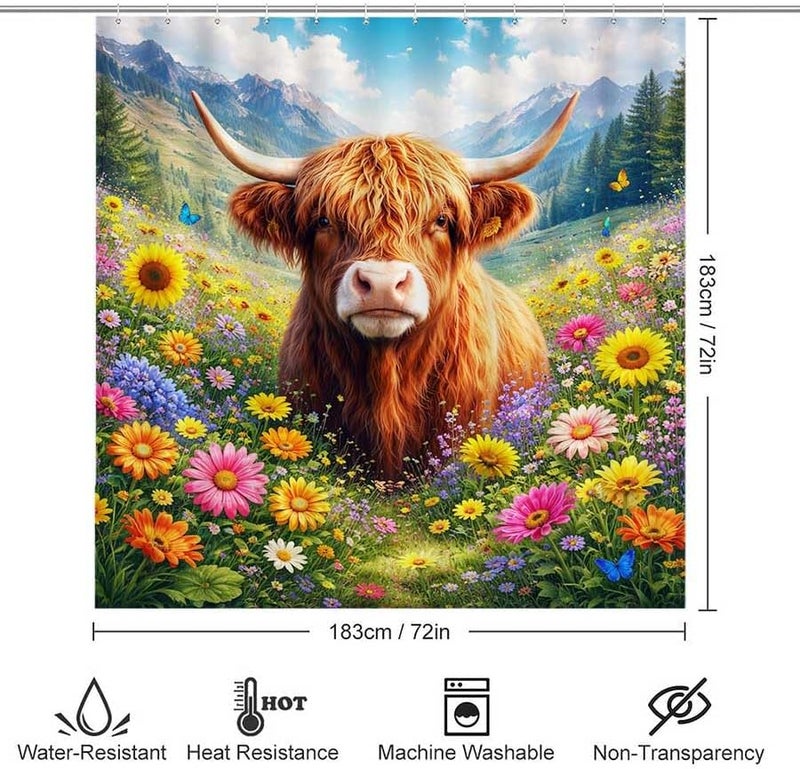 Highland Cow in a Flower Field with mountainsShower Curtain for Bathroom Waterproof Tan Shower Curtain with Hooks 71 inch x 71 inch - Image 3