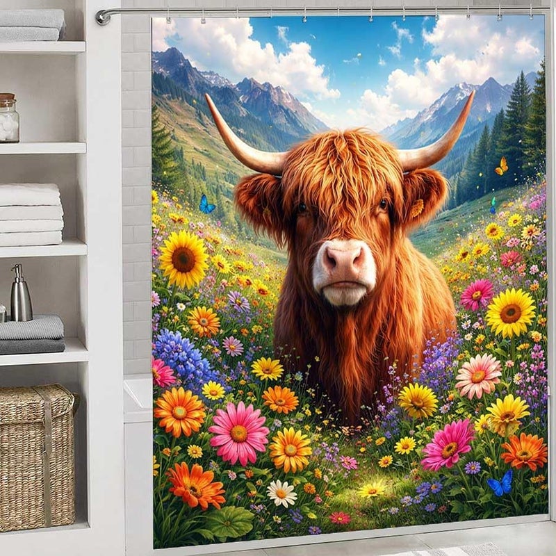 Highland Cow in a Flower Field with mountainsShower Curtain for Bathroom Waterproof Tan Shower Curtain with Hooks 71 inch x 71 inch - Image 2