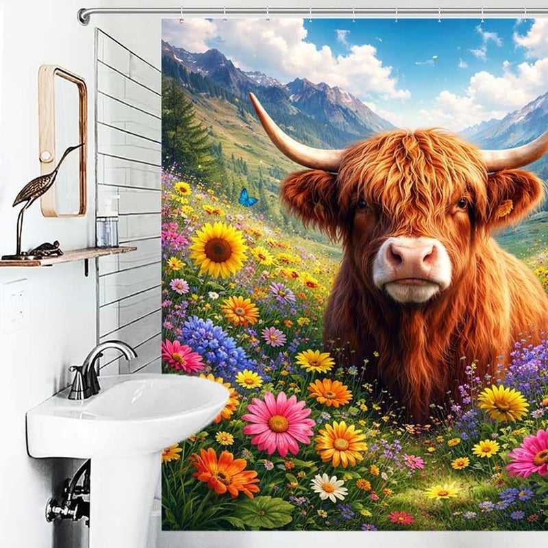 Highland Cow in a Flower Field with mountainsShower Curtain for Bathroom Waterproof Tan Shower Curtain with Hooks 71 inch x 71 inch - Image 4