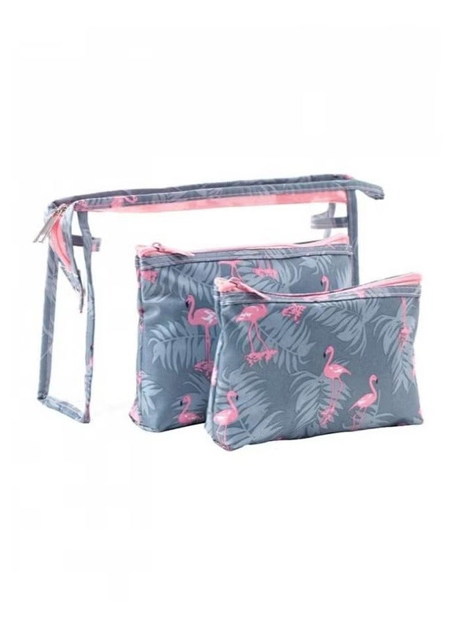 3-Piece Waterproof Cosmetic Bag Set Grey/Pink  - Image 1