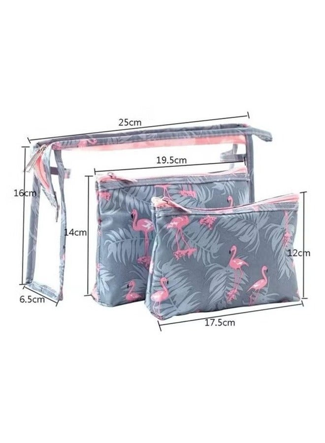 3-Piece Waterproof Cosmetic Bag Set Grey/Pink  - Image 2