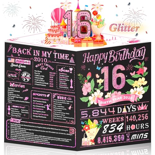 OLOSONG Sweet 16th Birthday Card for Girls Daughter,3D Pop Up Sweet 16th Birthday Cards for Granddaughter Sister,16th Birthday Decorations for 16 Year Old Girl Daughter Funny Birthday Gifts,Rose Glod In 2010 - Image 1
