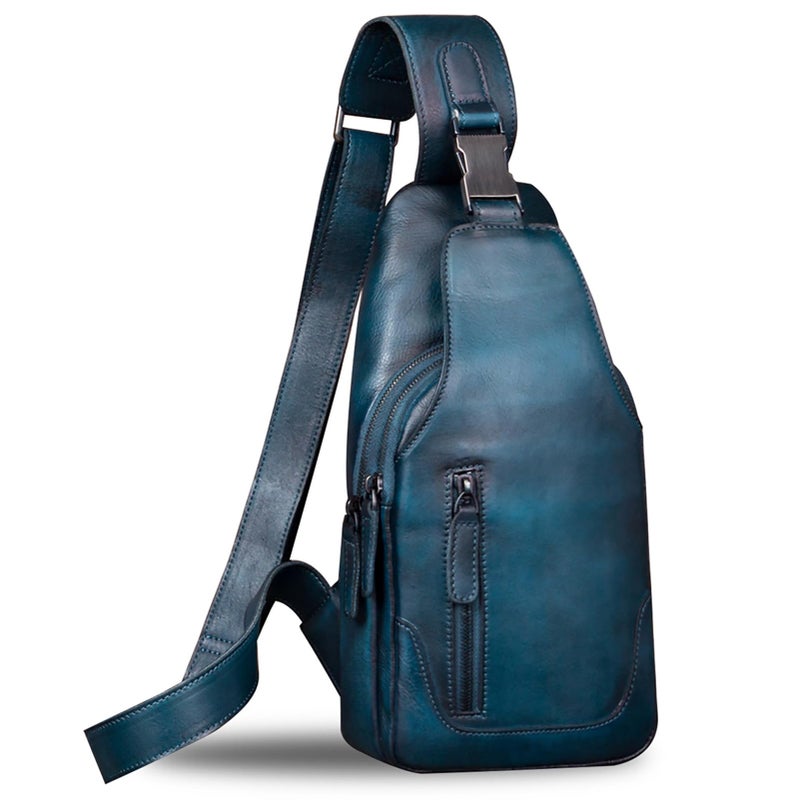 IVTG Genuine Leather Sling Bag for Men Chest Shoulder Crossbody Hiking Backpack Vintage Handmade Daypack NavyBlue - Image 2