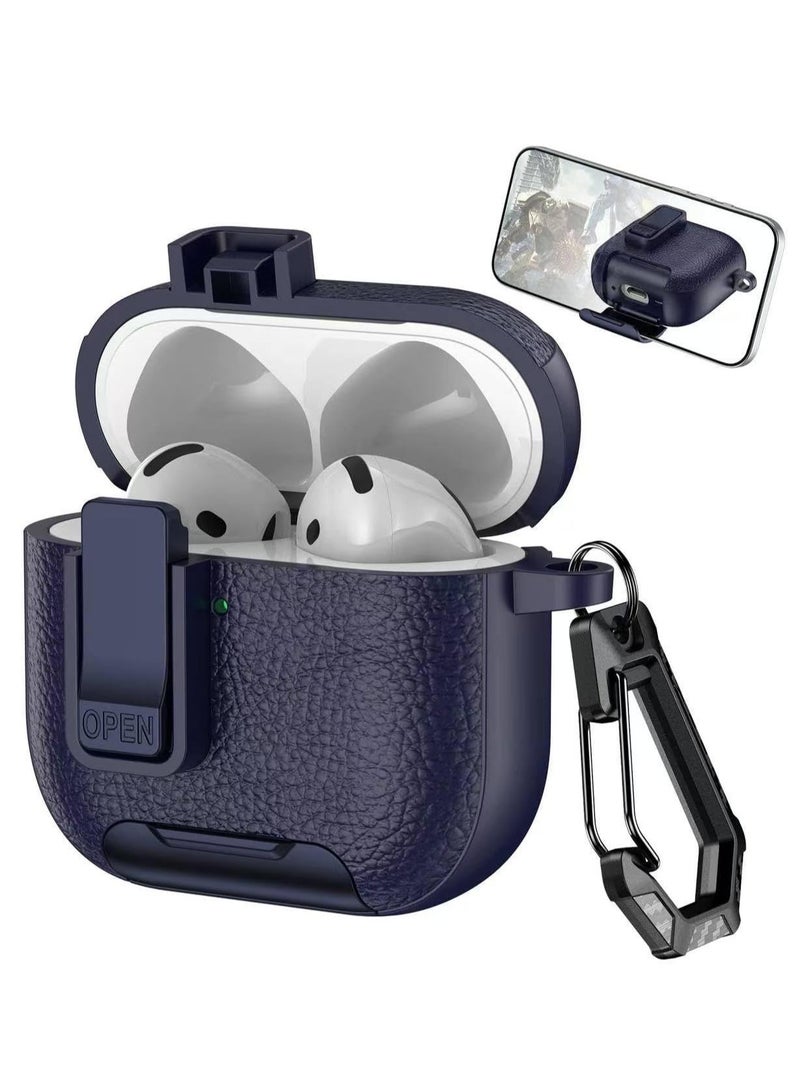 AirPods 4 Case with Phone Stand, Secure Lock Design Silicone Protection with Leather Texture for Airpod 4 (Dark Blue)  - Image 1