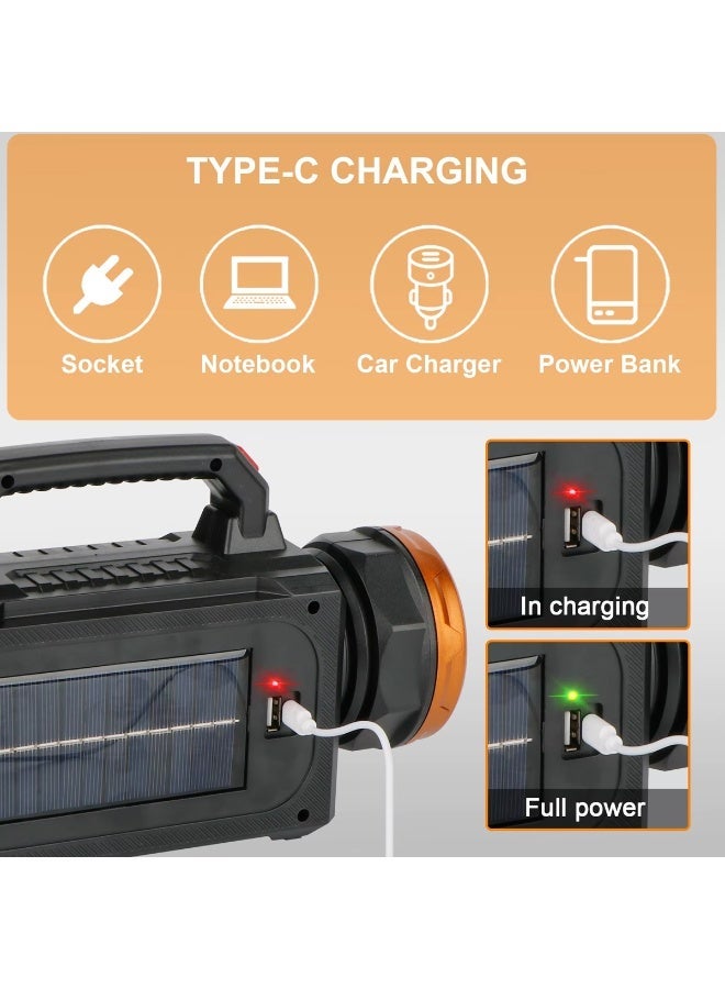 كشاف بحث LED محمول وقابل لإعادة الشحن طراز NY-9801C، مزود بلوح شمسي، وخاصية الشحن السريع عبر منفذ Type-C، و3 أوضاع للإضاءة؛ مصباح يدوي عالي القوة مخصص للتخييم، وحالات الطوارئ، والأنشطة الخارجية، وصيد الأسماك، وأعمال البناء - Image 4
