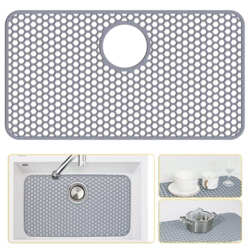 Bestjing Silicone Sink Protectors for Kitchen Sink with Rear Drain - 26"x 14" Kitchen Protector Accessory, Non-Slip Heat Resistant Grid Mat for Bottom of Farmhous Peorcelain Stainless Steel(Rear Hole) - Image 1