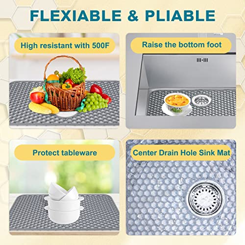 Bestjing Silicone Sink Protectors for Kitchen Sink with Rear Drain - 26"x 14" Kitchen Protector Accessory, Non-Slip Heat Resistant Grid Mat for Bottom of Farmhous Peorcelain Stainless Steel(Rear Hole) - Image 4