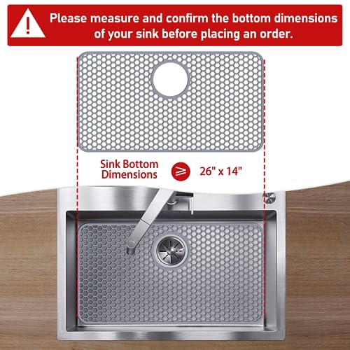 Bestjing Silicone Sink Protectors for Kitchen Sink with Rear Drain - 26"x 14" Kitchen Protector Accessory, Non-Slip Heat Resistant Grid Mat for Bottom of Farmhous Peorcelain Stainless Steel(Rear Hole) - Image 2