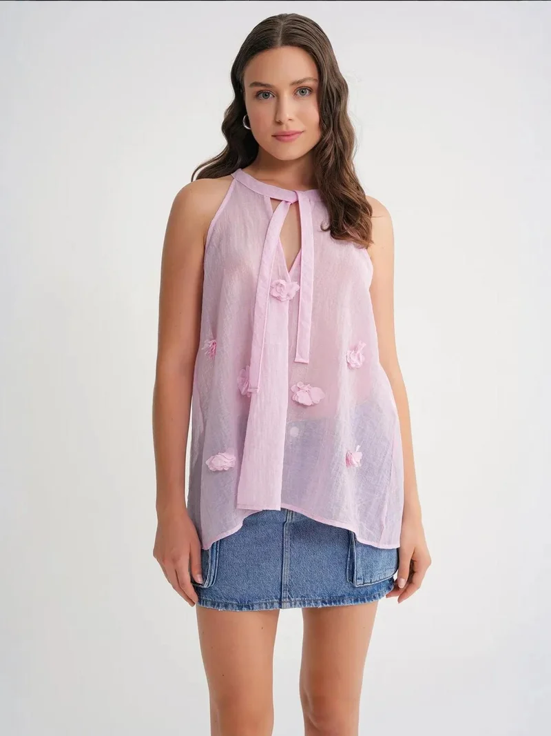 MixRay Mixray V-Neck Tie Closure Ruffle Blouse