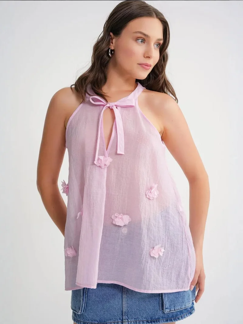 MixRay Powder Pink Mixray V-Neck Tie Closure Ruffle Blouse for Women | Best Price UAE