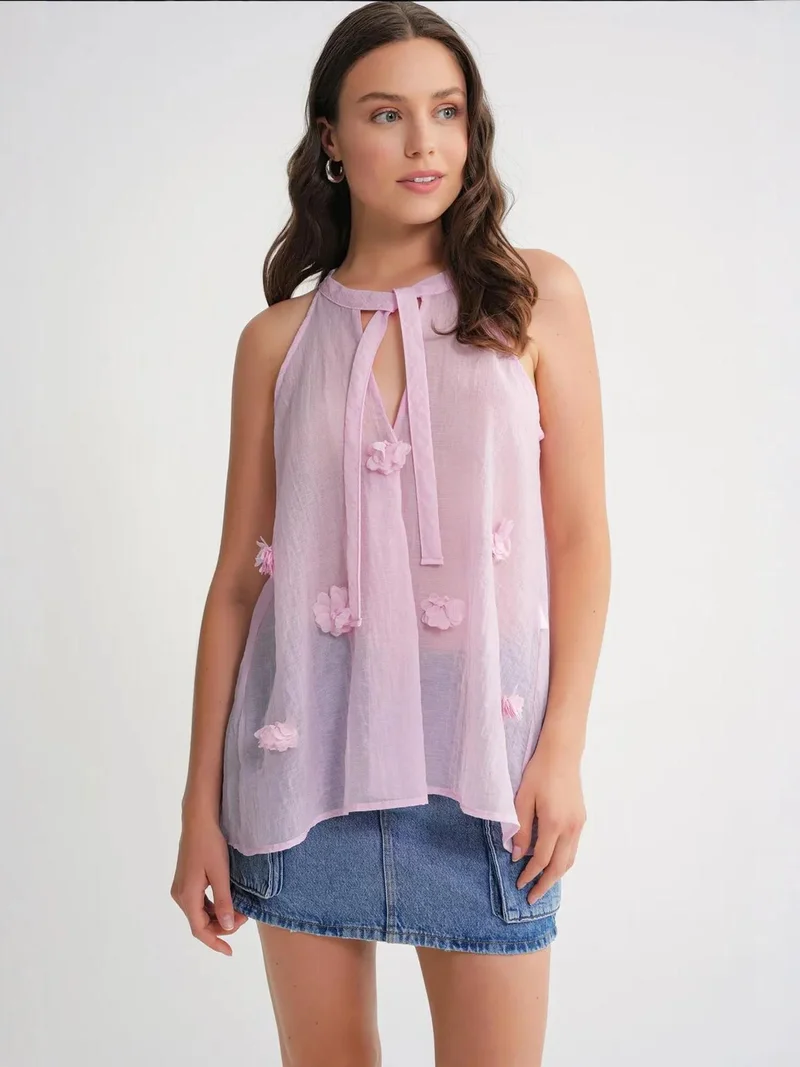 MixRay Powder Pink Mixray V-Neck Tie Closure Ruffle Blouse for Women | Best Price UAE