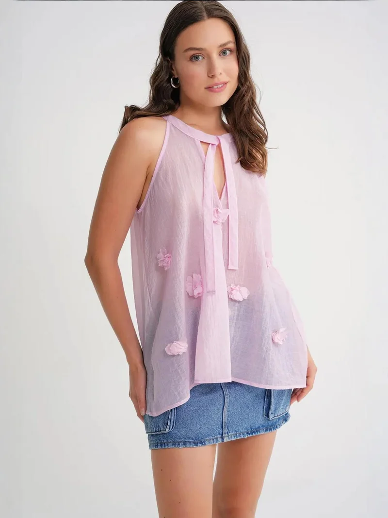 MixRay Powder Pink Mixray V-Neck Tie Closure Ruffle Blouse for Women | Best Price UAE