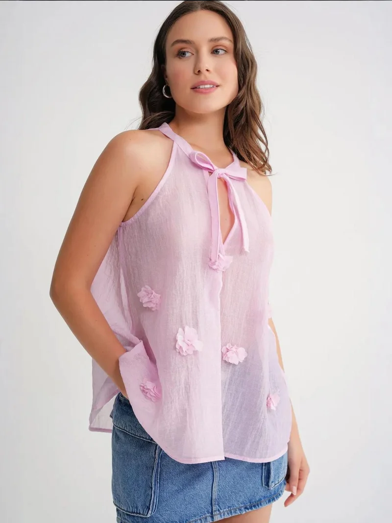 MixRay Powder Pink Mixray V-Neck Tie Closure Ruffle Blouse for Women | Best Price UAE