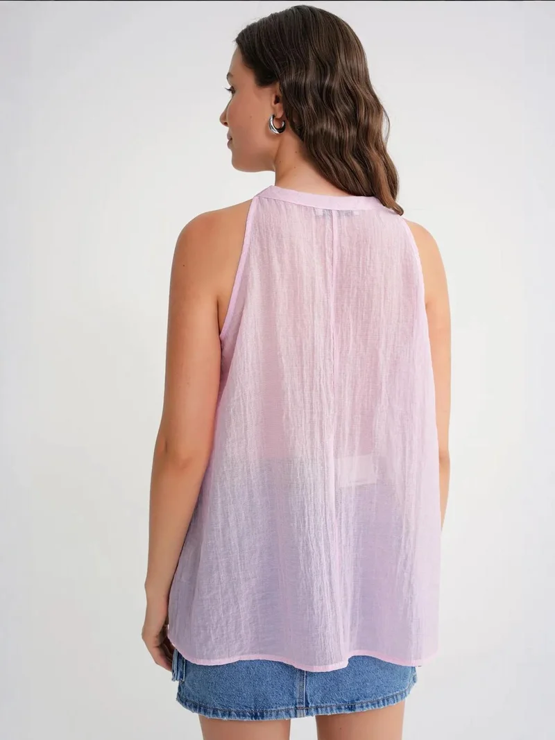 Mixray Powder Pink Mixray V-Neck Tie Closure Ruffle Blouse for Women | Best Price UAE