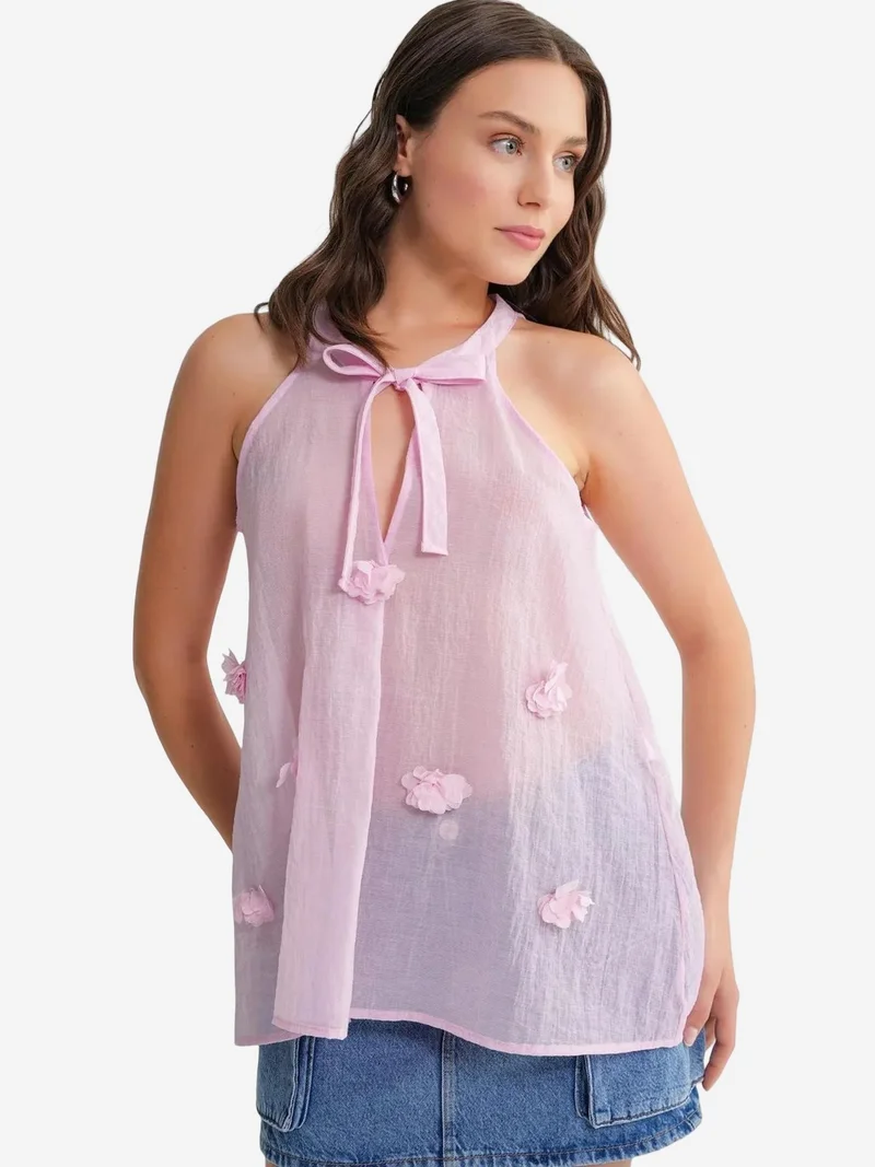 Mixray Powder Pink Mixray V-Neck Tie Closure Ruffle Blouse for Women | Best Price UAE