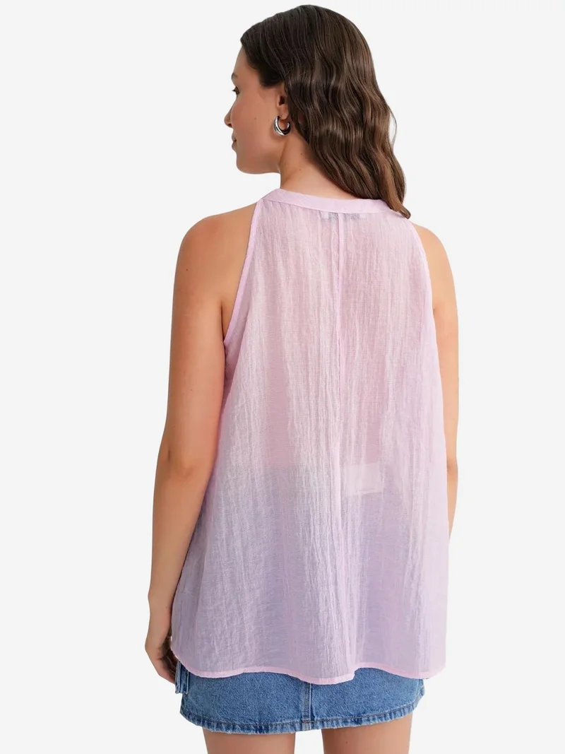 Mixray Powder Pink Mixray V-Neck Tie Closure Ruffle Blouse for Women | Best Price UAE