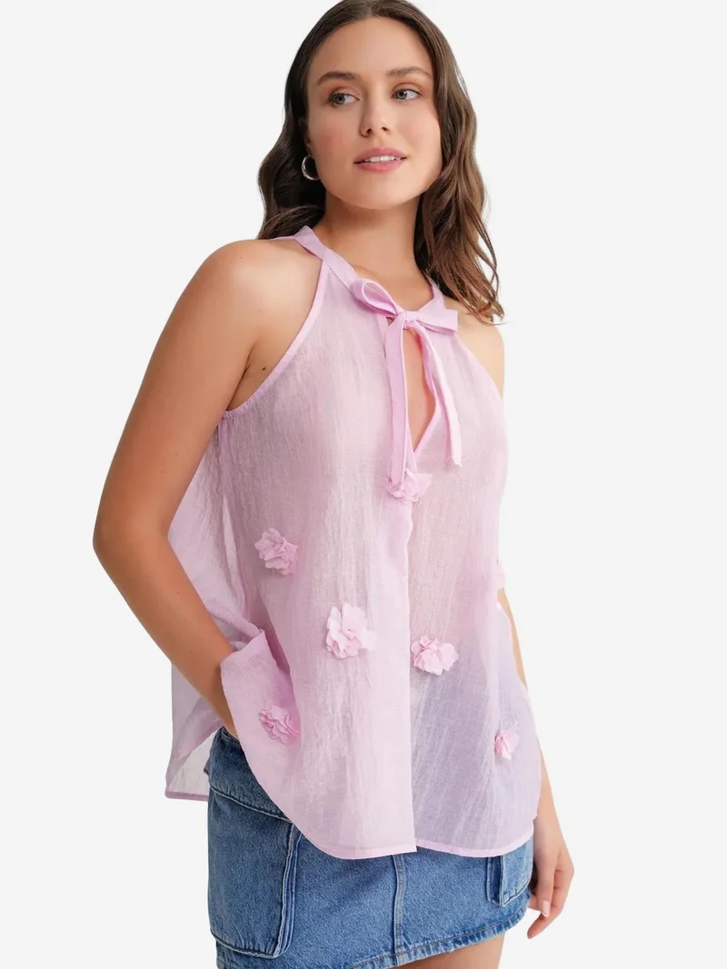Mixray Powder Pink Mixray V-Neck Tie Closure Ruffle Blouse for Women | Best Price UAE