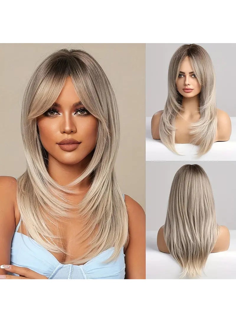 ETG Grey Blonde Wigs for Women,Long Layered Ombre Wigs with Bangs Heat Resistant Synthetic Fibre Wigs(pelucas de cabello natural) - Image 1