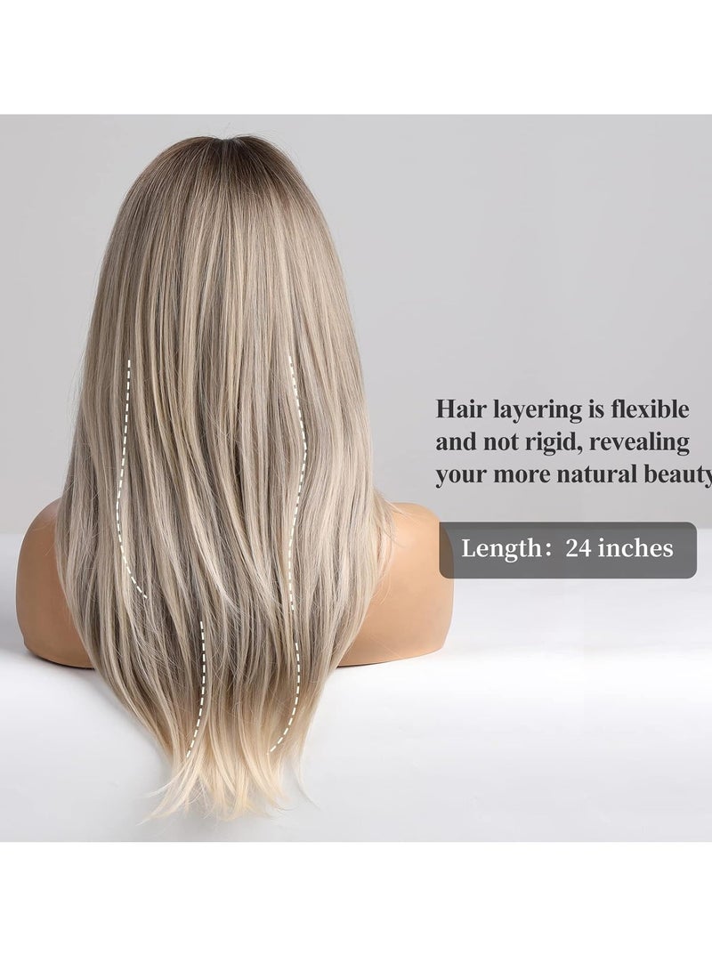 ETG Grey Blonde Wigs for Women,Long Layered Ombre Wigs with Bangs Heat Resistant Synthetic Fibre Wigs(pelucas de cabello natural) - Image 4
