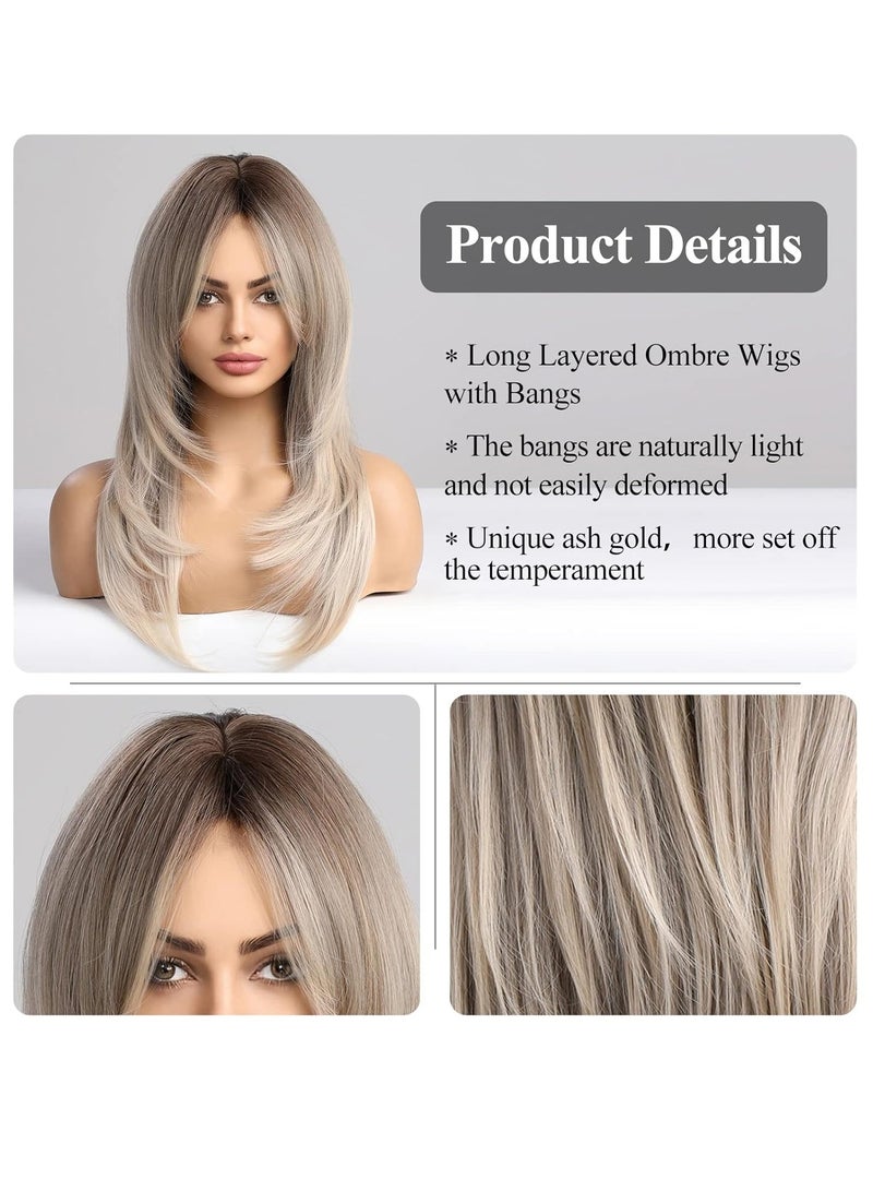 ETG Grey Blonde Wigs for Women,Long Layered Ombre Wigs with Bangs Heat Resistant Synthetic Fibre Wigs(pelucas de cabello natural) - Image 5