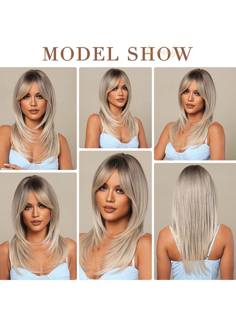 ETG Grey Blonde Wigs for Women,Long Layered Ombre Wigs with Bangs Heat Resistant Synthetic Fibre Wigs(pelucas de cabello natural) - Image 2