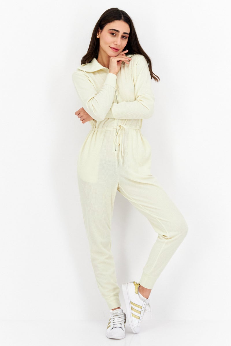 Weworewhat Women Textured High Neck Long Sleeve Jumpsuit, Ivory  - Image 1
