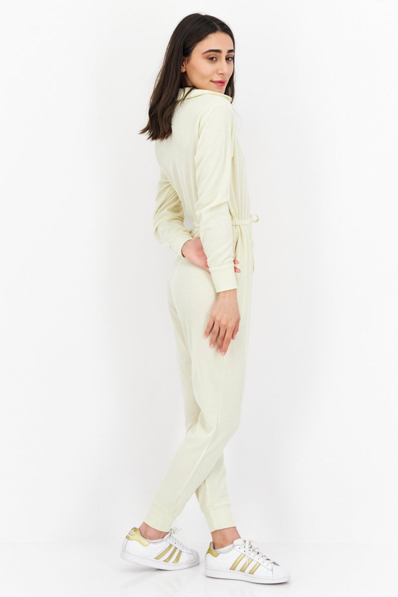 Weworewhat Women Textured High Neck Long Sleeve Jumpsuit, Ivory  - Image 3