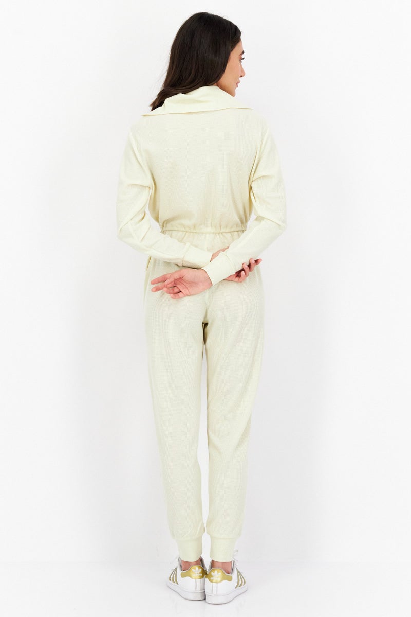 Weworewhat Women Textured High Neck Long Sleeve Jumpsuit, Ivory  - Image 4