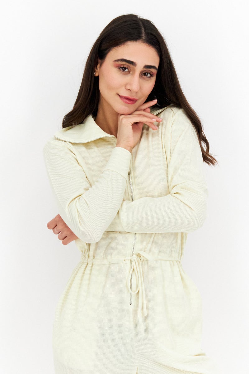 Weworewhat Women Textured High Neck Long Sleeve Jumpsuit, Ivory  - Image 2