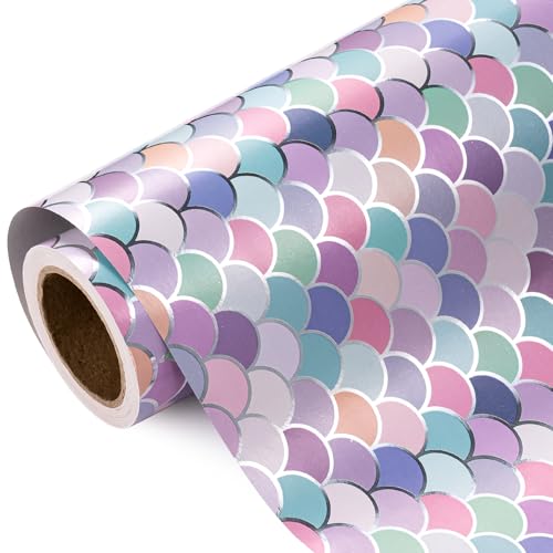 WRAPAHOLIC Mermaid Wrapping Paper Roll Mini Roll 17 Inch x 98 Feet Colorful Mermaid Scale Wrapping Paper with Silver Foil Design for Birthday Girls Baby Shower Kids Birthday - Image 1