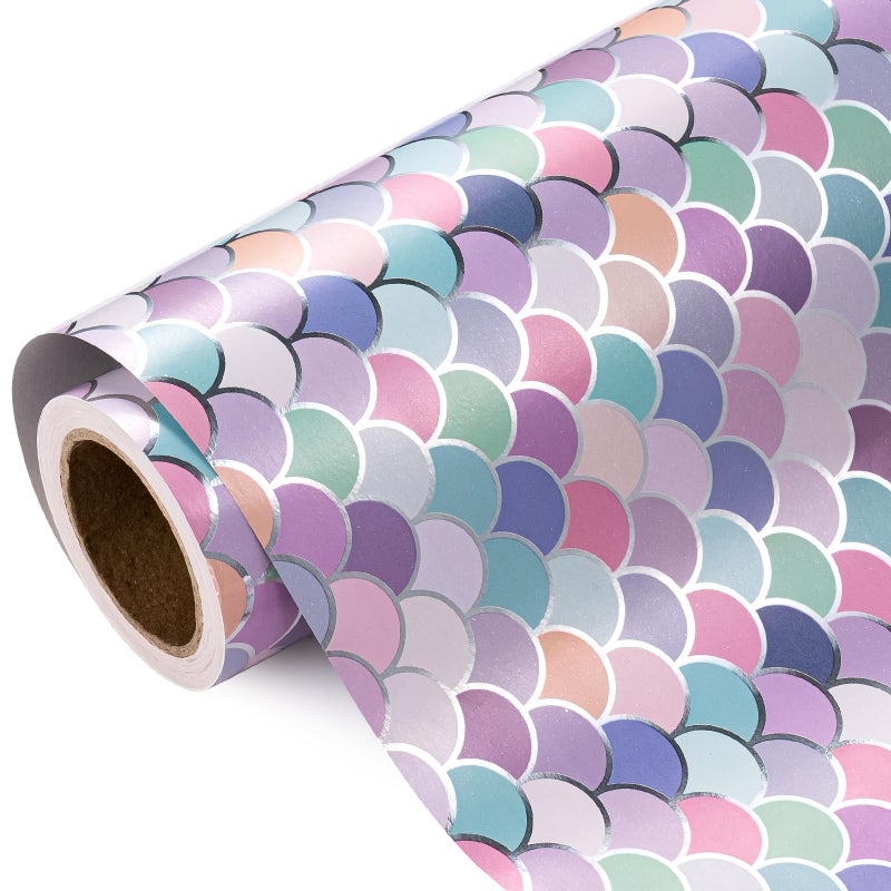 WRAPAHOLIC Mermaid Wrapping Paper Roll Mini Roll 17 Inch x 98 Feet Colorful Mermaid Scale Wrapping Paper with Silver Foil Design for Birthday Girls Baby Shower Kids Birthday - Image 2